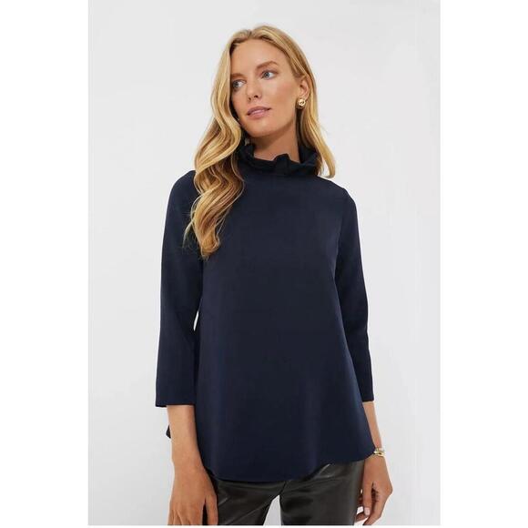 Tuckernuck Women’s Navy Faye Top Crepe Bow Ruffle Collar NWT Extra Small XS - Picture 1 of 4